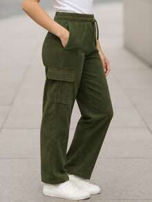Pantalón Cargo Mujer de Pana con Cintura Elástica y Bolsillos Laterales - Verde militar - Ver 3