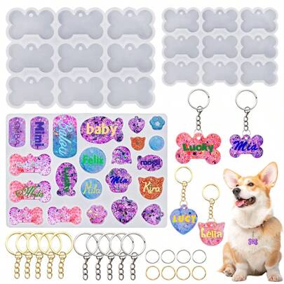 SMI Fine Pet Tag Resin Silicone Mold Set With Keychain Hardware, Dog Bone Cat Paw Shaped Molds For DIY Pet ID Tags, Keychains & Pet Crafts Supplies