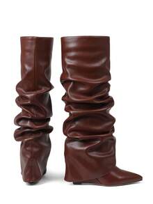 Shark Brown Boots Women's Knee High Boots Solid Color Pointed Toe Fold Over Boots Slouchy Wedges High Heels Shoes Wide Calf Easter Festival Fashionable Outdoor Party Boots Motorcycle Shoes - màu nâu - Xem 2