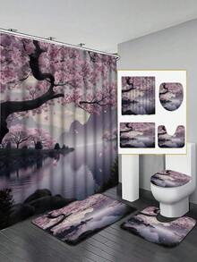 Sakura Lake Scenery Shower Curtain Set - Featuring A Beautiful Design With Waterfront And Cherry Blossom Trees, Includes Shower Curtain, Bath Mat, Toilet Seat Cover, And Non-Slip Bathroom Mat, Adding A Romantic And Natural Ambiance To Your Bathroom. - A - View 2