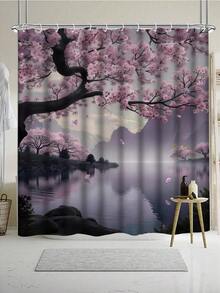 Sakura Lake Scenery Shower Curtain Set - Featuring A Beautiful Design With Waterfront And Cherry Blossom Trees, Includes Shower Curtain, Bath Mat, Toilet Seat Cover, And Non-Slip Bathroom Mat, Adding A Romantic And Natural Ambiance To Your Bathroom. - A - View 5