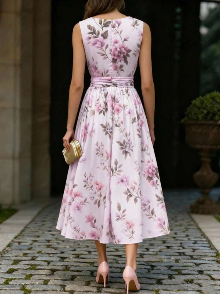 Vestido de gasa floral vintage elegante de largo medio, sin mangas, cuello en V, silueta evasé, para mujeres - Púrpura malva - Ver 3
