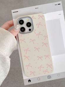 Cute Sweet Style Pink Bow Heart Print Phone Case, Simple Large Hole Soft TPU Anti-Drop White Phone Protective Cover, Compatible With IPhone - White - View 5