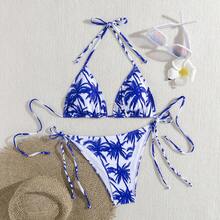 wohenmeili Fashionable Bohemian Style Bandeau Bikini Set, Palm Tree Print, Tie-Up Bottom, High Stretch Fabric With Coconut Tree & Palm Leaf Print, Women's Summer Beach Swimwear, Ideal For Casual Vacation - White Background With Royal Blue - View 3