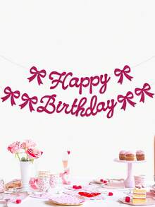 Glitter "Happy Birthday" Pull Flag, Pink Bow Birthday Banner, Birthday Party Decoration Pull Flag, Bow Birthday Theme Pull Flag, Bow Birthday Party Decorations - Hot Pink - View 2