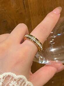 1pc Fashion 18K Gold-Plated Stainless Steel Rotating Cubic Zirconia Ring, Suitable For Women's Daily Wear, Gift - Ring - View 18