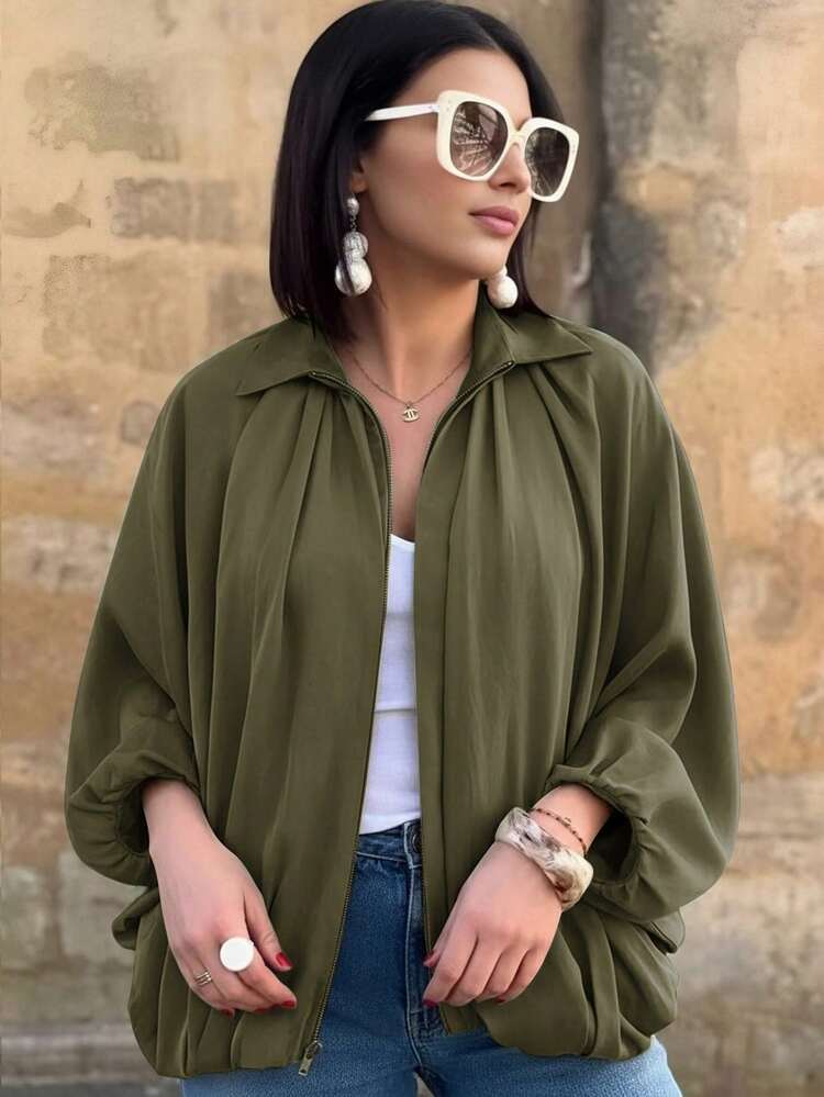 Chaqueta casual de mujer con mangas abullonadas, de moda para el día a día, para primavera/verano - Verde Oscuro - Ver 2