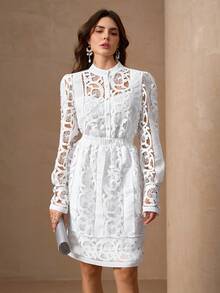 优雅女士立领泡泡袖纽扣腰A字连衣裙 - 白色 - 查看 6