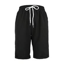 Jisfaneya Plus Size Solid Color Black Straight-Leg Cropped Pants With Elastic Waistband, Drawstring, And Pleated Fabric-Casual And Versatile For Spring And Summer - Black - View 2