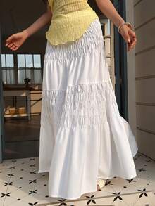 Women's Long White Pleated Skirt, Non-Stretch Fabric, Suitable For Daily Wear - White - View 4
