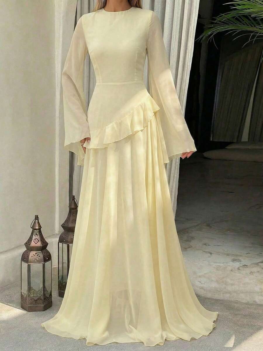 Đầm nữ Unadoll cổ tròn tay xòe mùa xuân/hè, thiết kế thắt eo, viền bèo nhún, chất liệu vải lưới, thanh lịch và độc đáo, phù hợp cho các buổi hẹn hò, kỳ nghỉ, sinh nhật, tiệc tùng, ngày Valentine. - Màu be - Xem 1