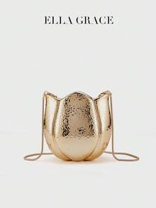 ELLA GRACE- Gold Metallic Tulip Flower Shaped Clutch Bag Hammered Texture Chain Evening Mini Purse Elegant Party Wedding Novelty Shoulder Bag Handbag - 金色 - 查看 7