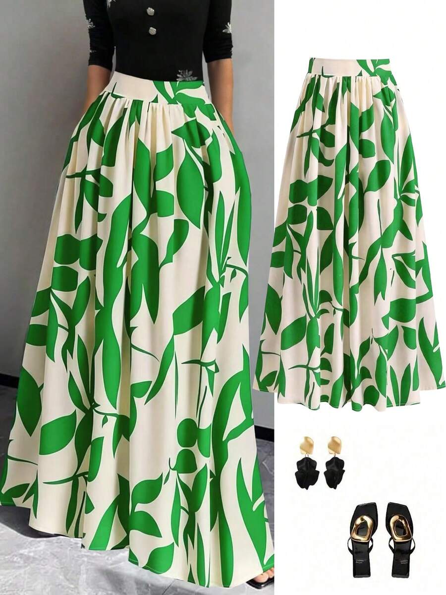 EARO Falda de línea A de cintura alta con estampado floral para mujer, falda de vacaciones de verano primaveral - Verde hierba - Ver 1