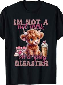 180g Women's 'I'm Not A Mess' T-Shirt Cute Pink Highland Cow T-Shirt, Retro Style, Round Neck, Micro Stretch Fabric, Regular Fit, Perfect For Adults - 黑色 - 查看 1