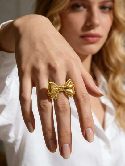 Mazuer 1pc Vintage Style Cute Big Bow Adjustable 18K Gold Plated Stainless Steel Ring, Women's Daily Wear & Gift Jewelry