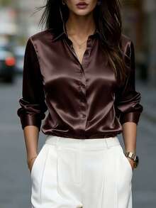 Áo sơ mi nữ dài tay màu nâu satin thanh lịch với cổ áo cài nút, dáng regular, thích hợp cho mùa xuân. - màu nâu - Xem 1
