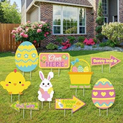9pcs Wooden Easter Yard Signs Decoration Set, Easter Egg Hunt Decor For Outdoor Lawn Garden Signs, Chicks Eggs Rabbits Baskets Arrows Lawn Ornaments Party Props