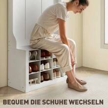 Wardrobe With Shelf, Bench, Hooks, Shoe Compartments, Particleboard, MDF, White - White - View 4