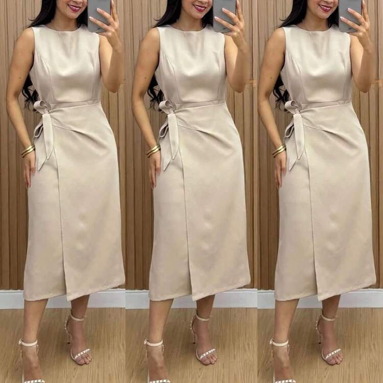 Vestido Feminino luxo Alfaiataria Elegante com Amarraçao | ziper |  confortável e elegante - Bege - Visão 3