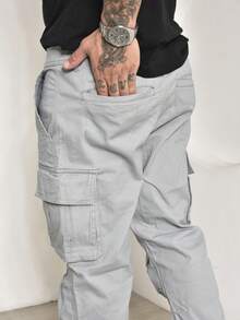 Men's Casual Cargo Pants In Twill With Multi-Pockets And Lycra - Light Grey - View 3