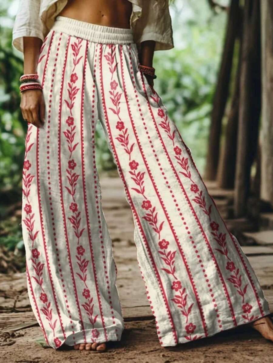 2026 Women's New Arrival Pink & White Printed Patchwork Floral Plaid Pastoral Style Wide-Leg Elastic Waist Casual Pants - 賓治酒 - 查看 1