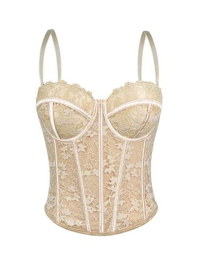 Women Floral Lace Trim Corset Overbust Waist Cincher Bustier Top Elegant