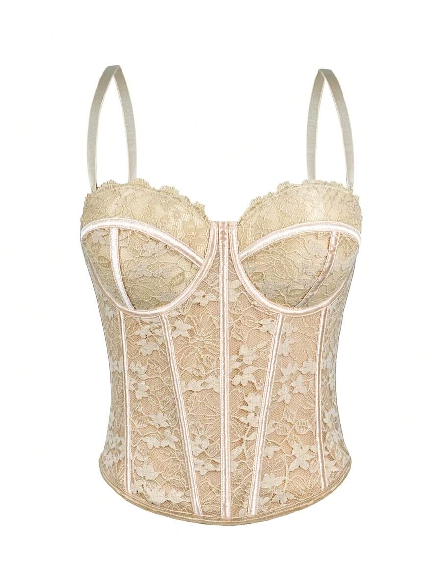 Áo corset ren hoa cho nữ, áo corset thanh lịch, áo corset mùa hè thường ngày. - Màu be - Xem 1
