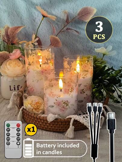 Bộ 3 đèn nến không lửa sạc lại được, có hẹn giờ và điều khiển từ xa, nến LED sạc lại được với họa tiết hoa hồng, không tan chảy, màu trắng ngà, ngọn lửa ấm áp, thích hợp cho gia đình, Halloween, Giáng sinh, Ngày lễ tình nhân, quà tặng, sinh nhật, đám cưới, tiệc tùng, tạo không khí lễ hội khác nhau.