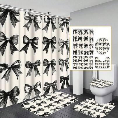 1/4pcs Black Bow Print Waterproof Shower Curtain , Non-Slip Bath Mat, U-Shaped Toilet Mat, Toilet Mat, Machine Washable, Art Design, Four Seasons Without Lining, Valentine's Day Shower Curtain, Bathroom Decoration