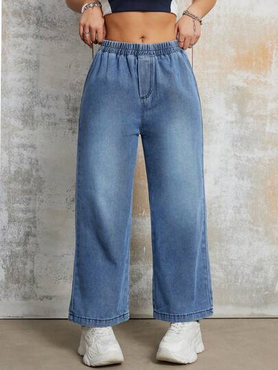 女士休闲阔腿七分裤，直筒，松紧腰带，无弹力材质，纯色，适合所有季节，编织