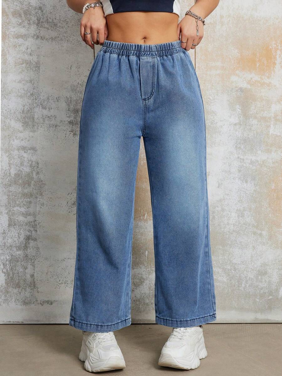 Women's Casual Wide Leg Cropped Pants, Straight Leg, Elastic Waistband, Non-Stretch Material, Solid Color, Suitable For All Seasons, Woven - Blue - View 1