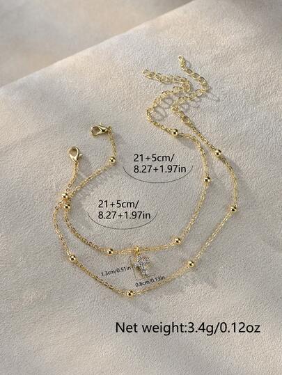 2pcs Copper Beaded Chain Cross Pendant Anklet Set, Vintage Style Cross Anklet Jewelry For Women