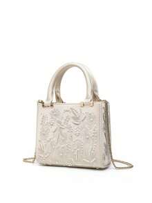 Satin Faux Pearl Handbag, Women's Mini Handbag Women's Chain Shoulder Bag Fashionable Small Tote Bag Women's Luxury Designer Wallet Women's Fashion Handbag - White - View 6