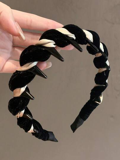 Diadema con dientes ondulados retro, diadema trenzada de patchwork de terciopelo, diseño de corona alta para estilizar el rostro, accesorio de cabello versátil, diadema, aro para el cabello