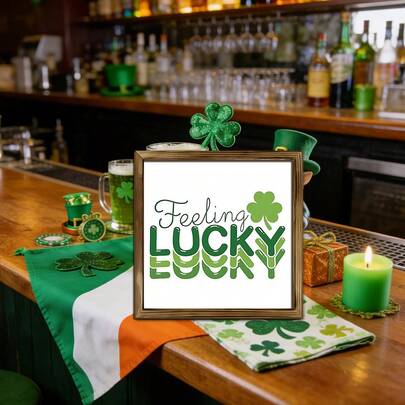1pc Rustic Style "Lucky" Wooden Decorative Sign, 8x8 Inch, Clover Decor, Suitable For Bedroom, Porch, Cafe, Bar, Garage, Perfect Gift For St. Patrick's Day, 2D