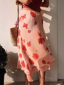 Yuyi服装 花卉玫瑰蝴蝶印花 满版印花叶子图案 波西米亚荷叶边系带蝴蝶结雪纺沙滩花园夏季女裙 - 粉色 - 查看 2