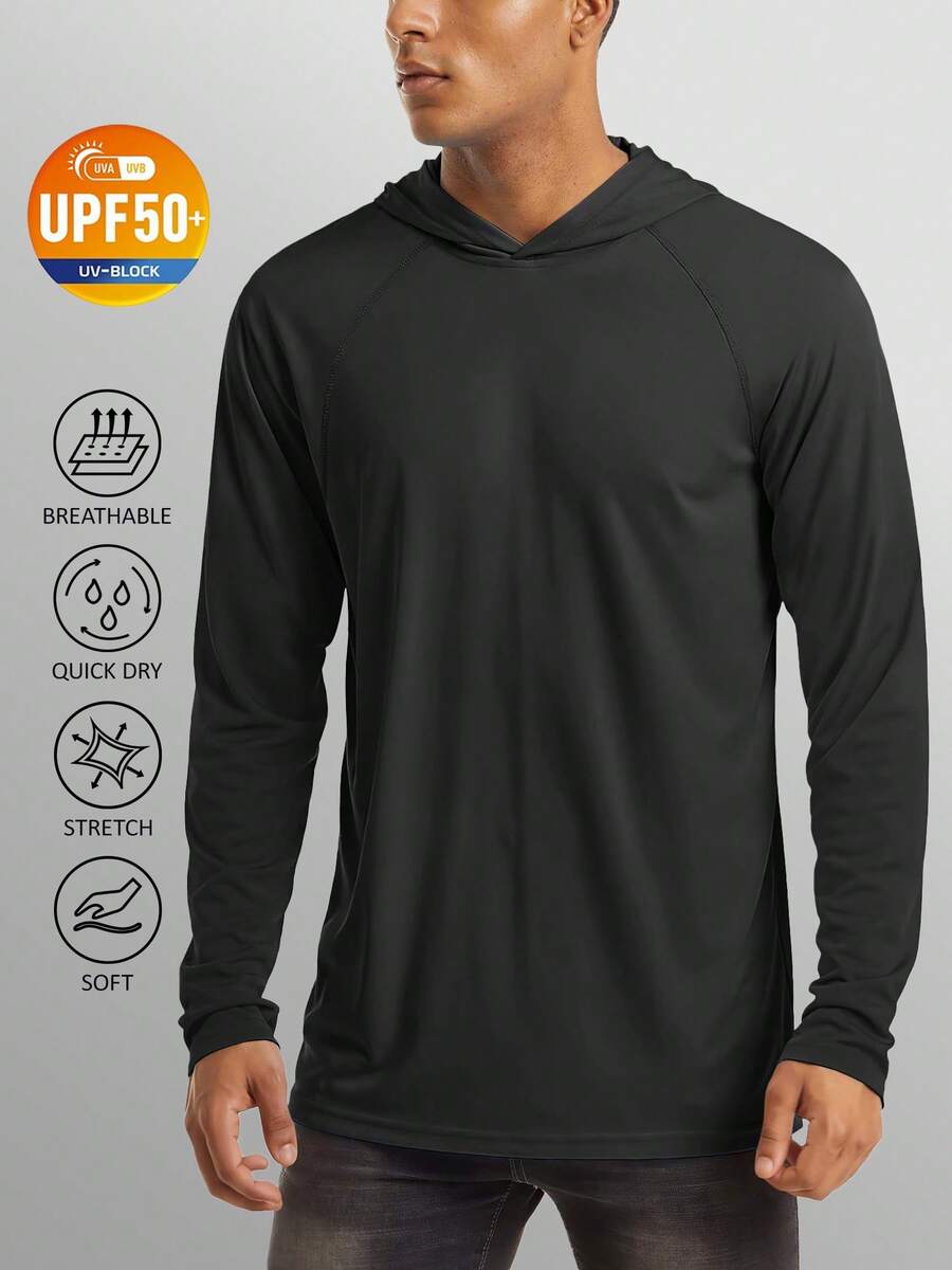 KEFITEVD Men's Hooded UPF 50+ Sun Protection T Shirts Long Sleeve Athletic Fishing Shirts Rash Guards - 黑色 - 查看 1