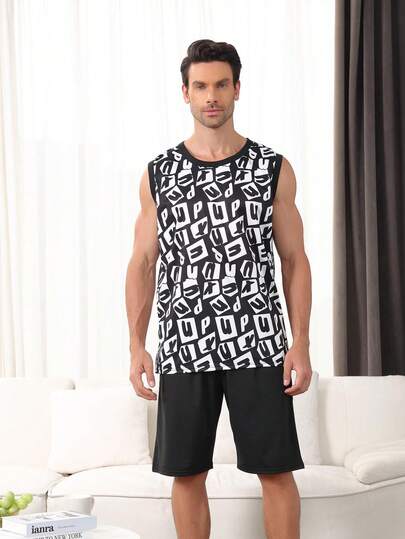 2pcs Men's Casual Short Sleeve & Long Pants Pajama Set, Suitable For Spring/Summer Wear