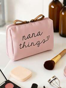 Nana Things Elegant Handwritten "Nana Things" Heart-Shaped Cosmetic Bag, Black With White Letters, Women's Portable Travel Organizer, Handmade Quality, Best Mother's Day Christmas Gift For Friends And Grandmothers Makeup Bag Toiletry Bag Skincare Bag Wash Bag Toiletry Travel Bag Vacation Essentials For Women Travel Bags For Women Large Capacity Bag - Multicolor - View 2