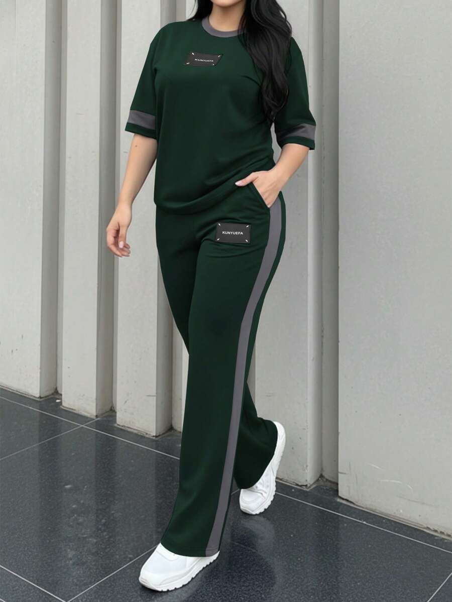 两件套女士春秋季圆领短袖T恤和松紧腰宽松裤套装，休闲日常穿着 - 墨綠色24 - 查看 1