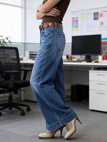 新款女士休闲日常穿搭必备宽松直筒多功能弹力牛仔裤 - 中等水洗藍 - 查看 7