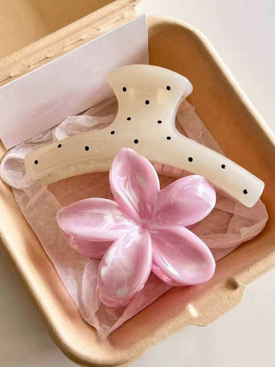 2个/1个白色/粉色花朵塑料发夹，4.40英寸/11.2厘米，时尚百搭优雅简约纯色发爪，适合日常、休闲、派对、通勤、海滩、丸子头、马尾辫、洗脸、化妆、服装配饰，优雅爪夹度假发夹 - 彩色 - 查看 1
