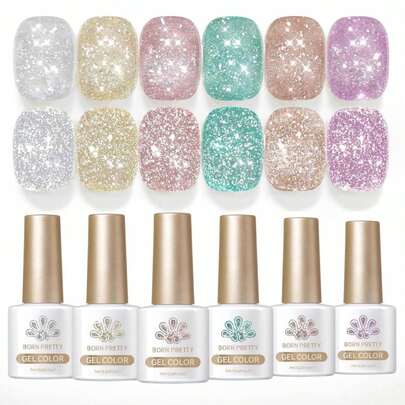 Born Pretty Reflective Glitter Gel Nail Polish, 6 Spring Summer Colors Holographic Gel Polish Long Lasting Sparkly Shiny Nail Polish U V Set For Manicure And Nail Art, DIY At Home, Salon-Quality 7ml