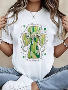 St Patrick's Day Cross Design T-Shirt With Green Shamrock And Leopard Print Pattern For Women Casual Wear - White - View 1