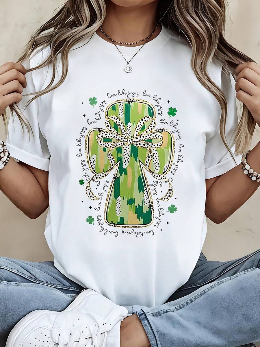 St Patrick's Day Cross Design T-Shirt With Green Shamrock And Leopard Print Pattern For Women Casual Wear - White - View 1
