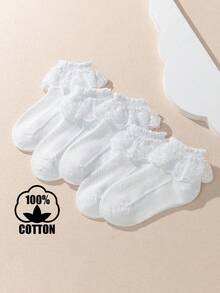 5 Paar Baumwoll Kinder/Kleinkind Spitzen Prinzessin Blumen Knöchel Socken - Weiss - Übersicht 6