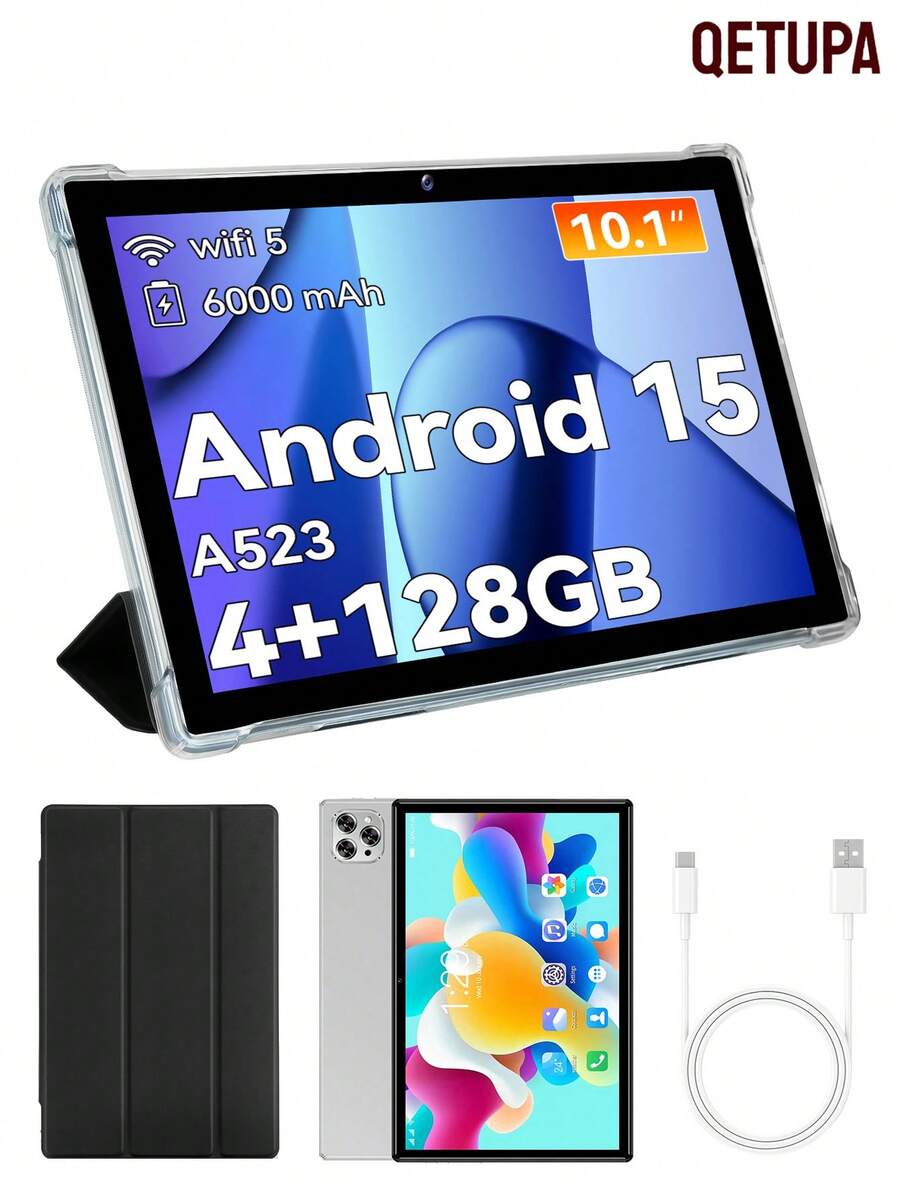 Qetupa 10.1 吋 M9-4 Android 15 平板電腦，4GB RAM+128GB ROM，A523 八核心 2.0GHz 處理器，HD(1280x800) IPS 觸控螢幕，5MP 前置鏡頭與 13MP 後置鏡頭，6000mAh 電池，802.11ac WIFI5 2.4G+5G，藍牙 5.2，GPS，不支援 SIM 卡，適合閱讀與遊戲