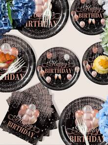 168pcs Rose Gold-Themed Birthday Party Tableware Set, Paper Plates Made Of 350g Thick Paper, Black Paired With Rose Gold Balloons, Making The Party More Exquisite, Can Serve 24 Guests At The Same Time - Nhiều màu - Xem 7