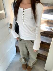 女士拼接荷叶边下摆长袖T恤，独特设计，修身剪裁，适合叠穿，秋季休闲白色春季款 - 白色 - 查看 1