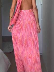 Vacation Style Women's Sexy Deep V-Neck Backless Halter Dress High-Waist Pink Long Dress Elegant Dress Slim Fit Long Formal Gown For Evening Party Fashion & Graceful Graduation Party Outfit - Hồng - Xem 3